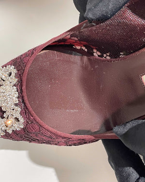Manolo Blahnik Maroon Hangisi Lace 50 Jewel Buckle Pumps Size 38.5
