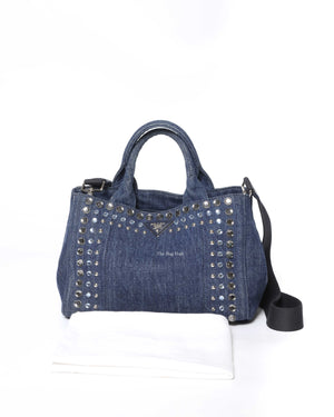 Prada Blue Denim Studed Canapa Tote 2Way Bag
