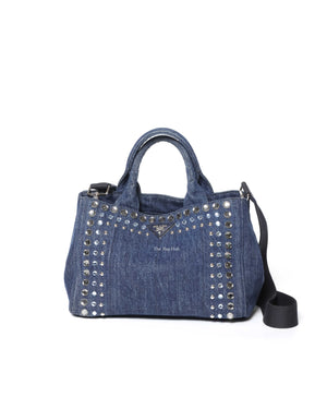 Prada Blue Denim Studed Canapa Tote 2Way Bag