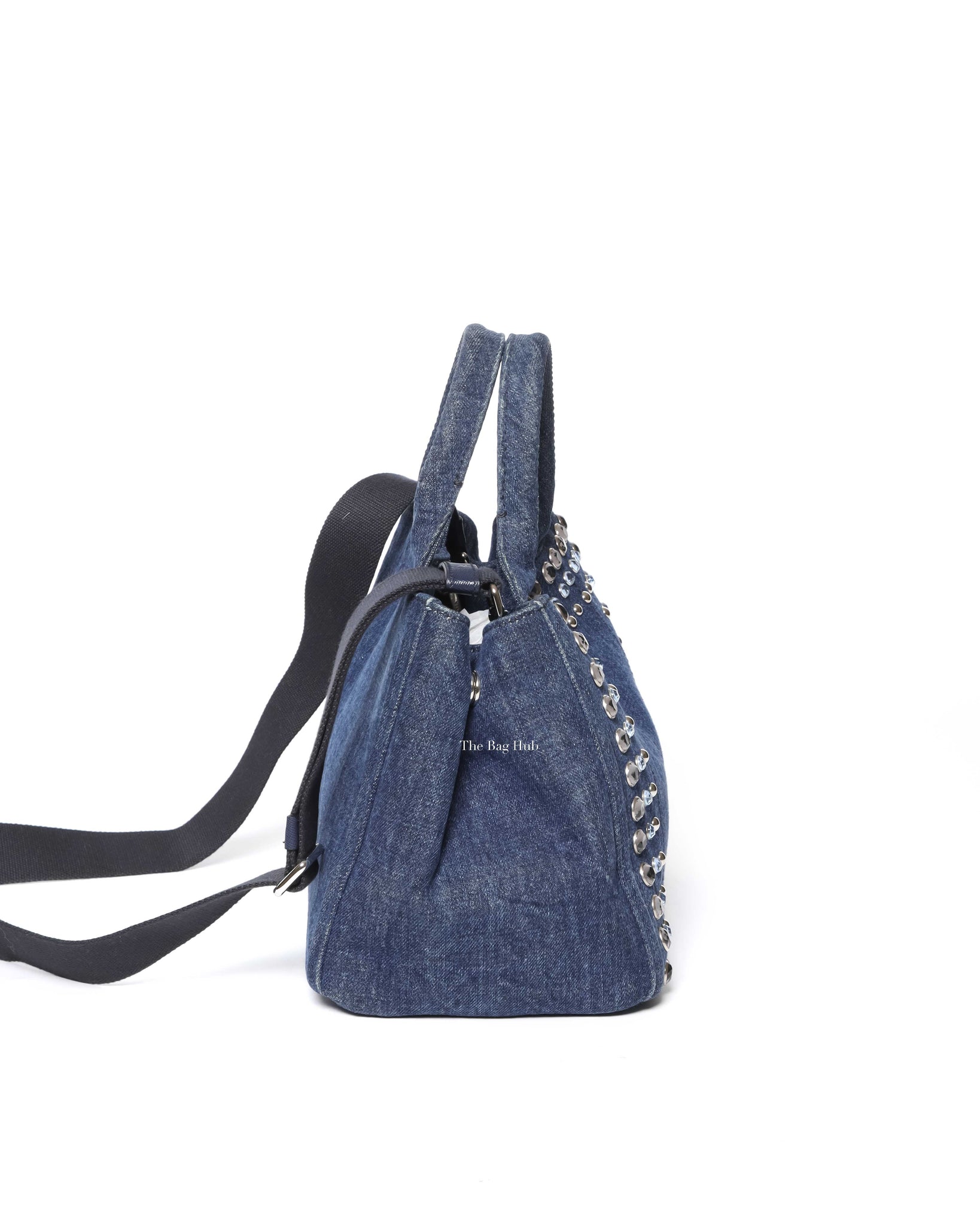 Prada Blue Denim Studed Canapa Tote 2Way Bag