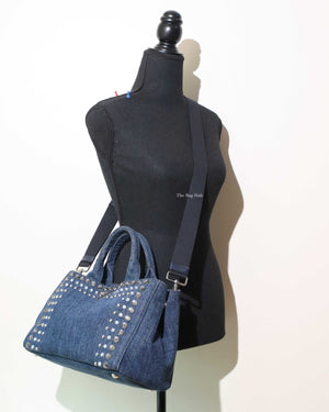 Prada Blue Denim Studed Canapa Tote 2Way Bag