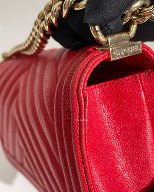 Chanel Red Chevron Caviar Old Medium Le Boy GHW