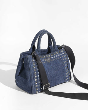 Prada Blue Denim Studed Canapa Tote 2Way Bag