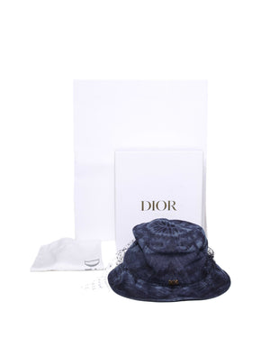 Dior Blue Washed Denim Cotton Kaleidiorscopic Brim Bucket Hat with Veil