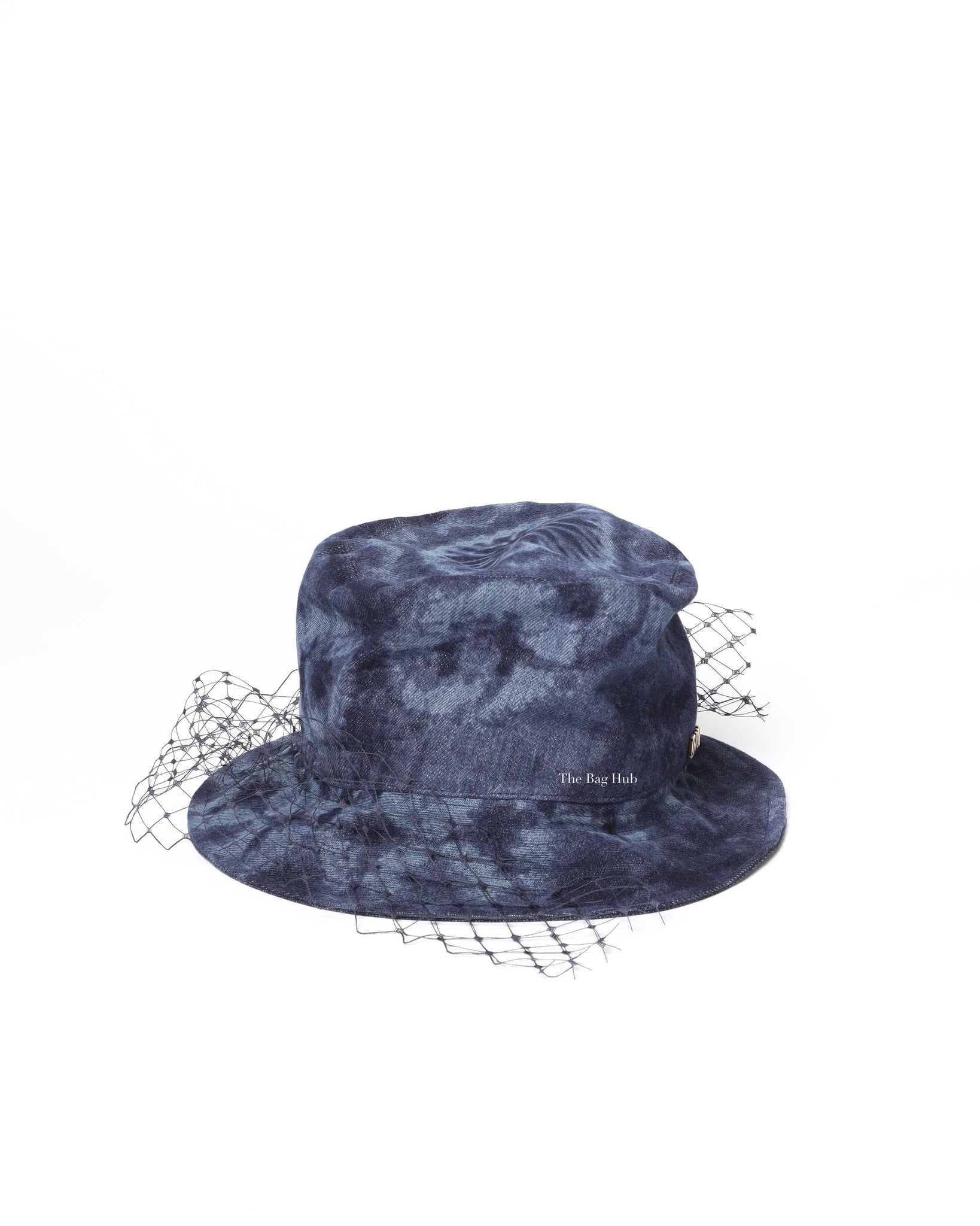 Dior Blue Washed Denim Cotton Kaleidiorscopic Brim Bucket Hat with Veil