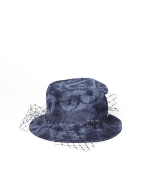 Dior Blue Washed Denim Cotton Kaleidiorscopic Brim Bucket Hat with Veil