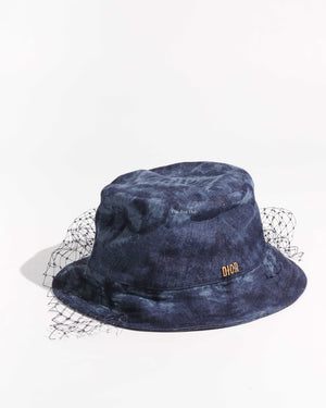 Dior Blue Washed Denim Cotton Kaleidiorscopic Brim Bucket Hat with Veil