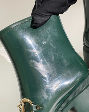 Gucci Green Accent Rubber Horsebit Rain Boots Size 37