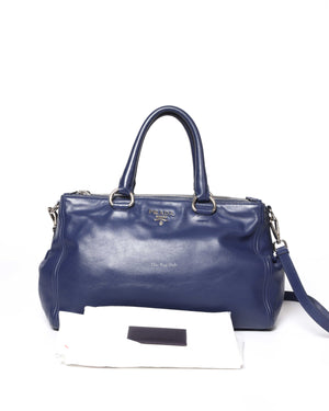 Prada Blue Soft Calf Double Zipped Tote Bag