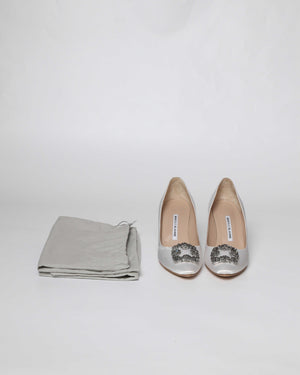 Manolo Blahnik White Satin Jewel Buckle Hangisi Pumps Size 39