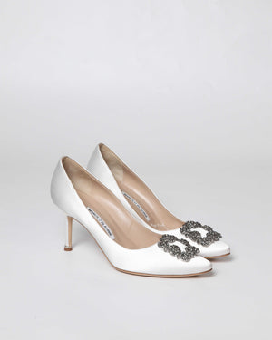 Manolo Blahnik White Satin Jewel Buckle Hangisi Pumps Size 39