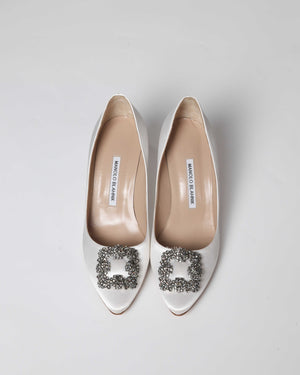 Manolo Blahnik White Satin Jewel Buckle Hangisi Pumps Size 39
