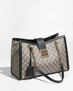 Gucci Beige Ebony/Black GG Supreme Canvas Medium Padlock Chain Tote Bag-1