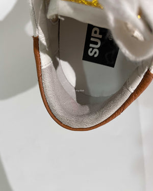 Golden Goose White/Brown Canvas/Drummed Leather Heeltab Superstar Classic w/ List Sneakers Size 35
