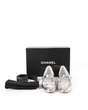 Chanel Silver Goatskin Mary Jane Shoes Size 39C