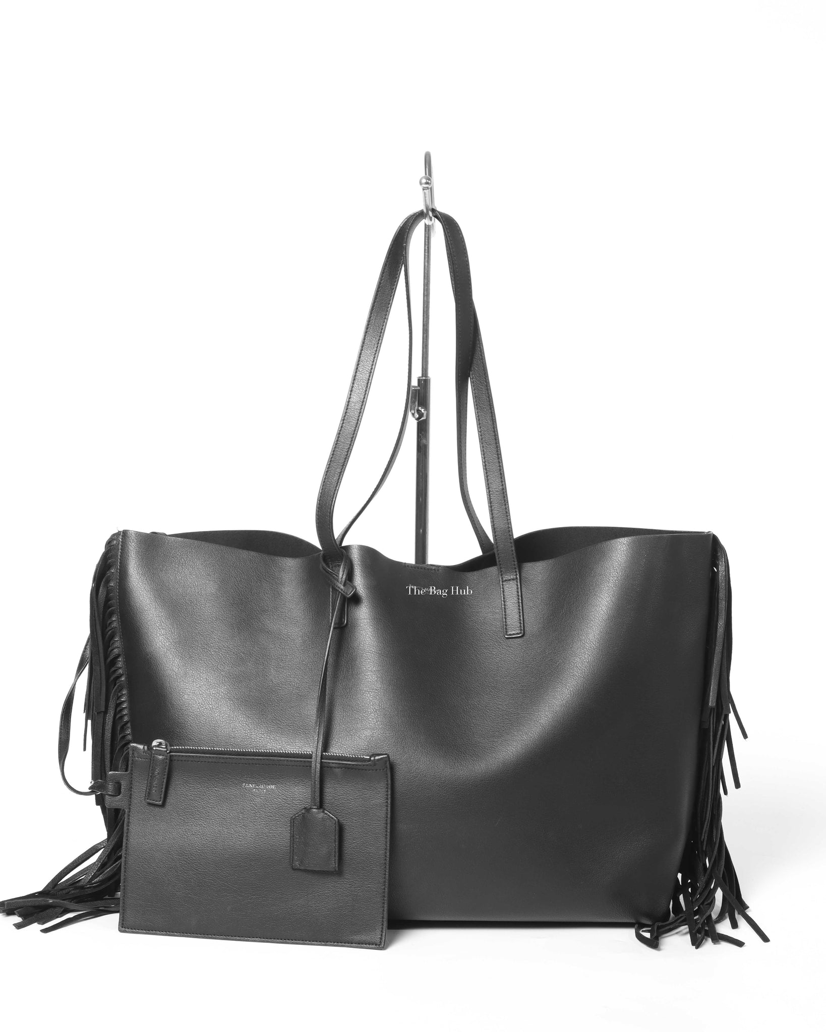 Saint Laurent Black Leather Fringe Shopping Tote Bag