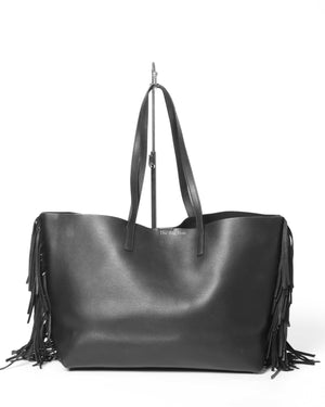 Saint Laurent Black Leather Fringe Shopping Tote Bag
