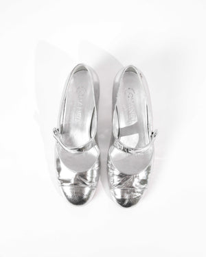 Chanel Silver Goatskin Mary Jane Shoes Size 39C