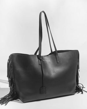 Saint Laurent Black Leather Fringe Shopping Tote Bag