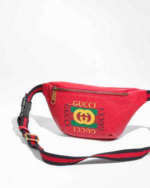 Gucci Red Grained Calfskin Retro Print Mini Belt Bag - 1