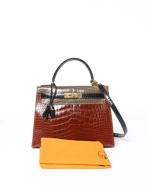 Hermes Vintage Tricolor Crocodile Kelly 28 GHW - 13