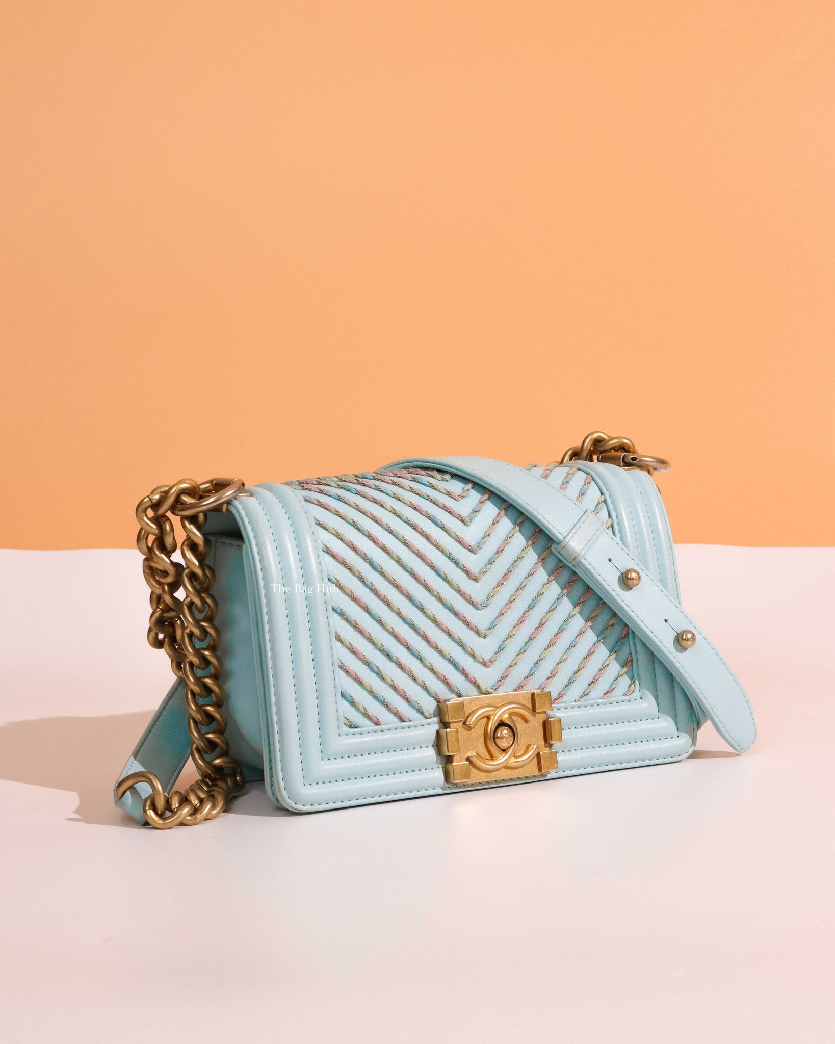 Chanel Light Blue Chevron Embroidered By The Sea Small Le Boy Bag GHW, Designer Brand, Authentic Chanel