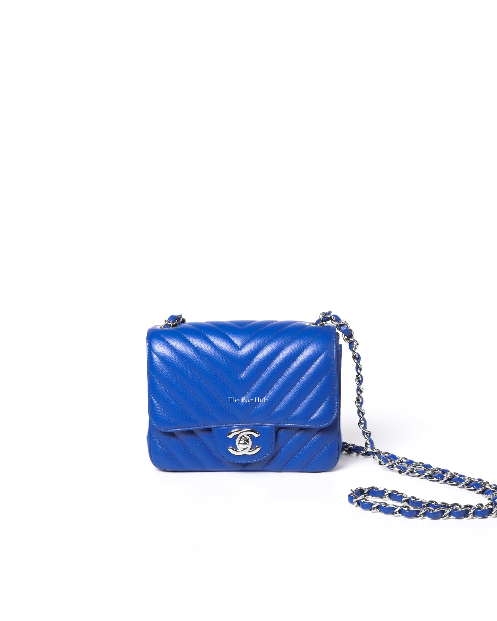 Chanel Royal Blue Caviar Chevron Mini Square Slingbag SHW, Designer Brand, Authentic Chanel