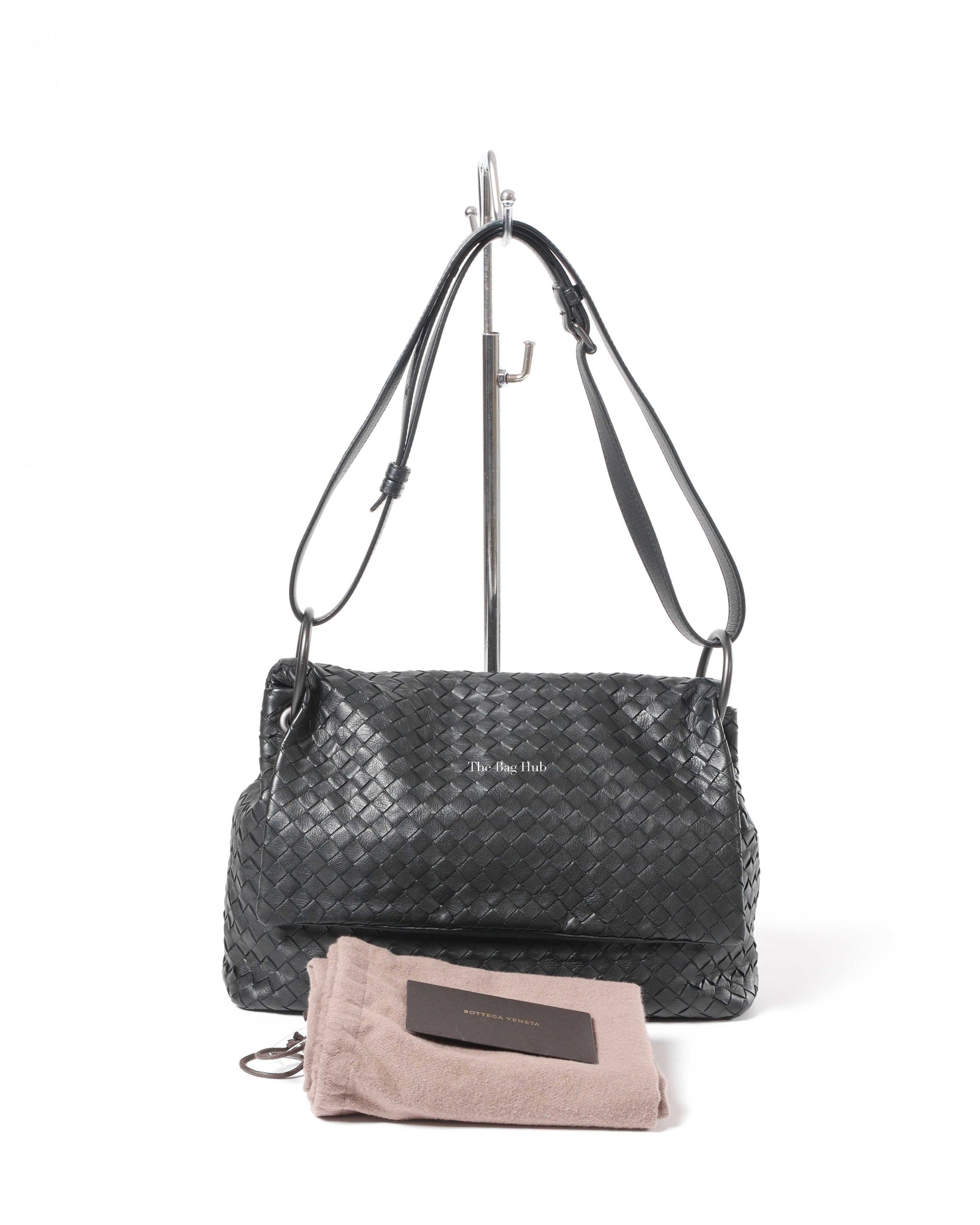 Bottega Veneta Black Intrecciato Nappa Loop Flap Medium Messenger Bag