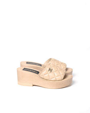 Chanel Beige Quilted Leather CC Wedge Sandals Size 37C - 4