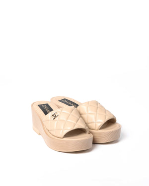 Chanel Beige Quilted Leather CC Wedge Sandals Size 37C - 2