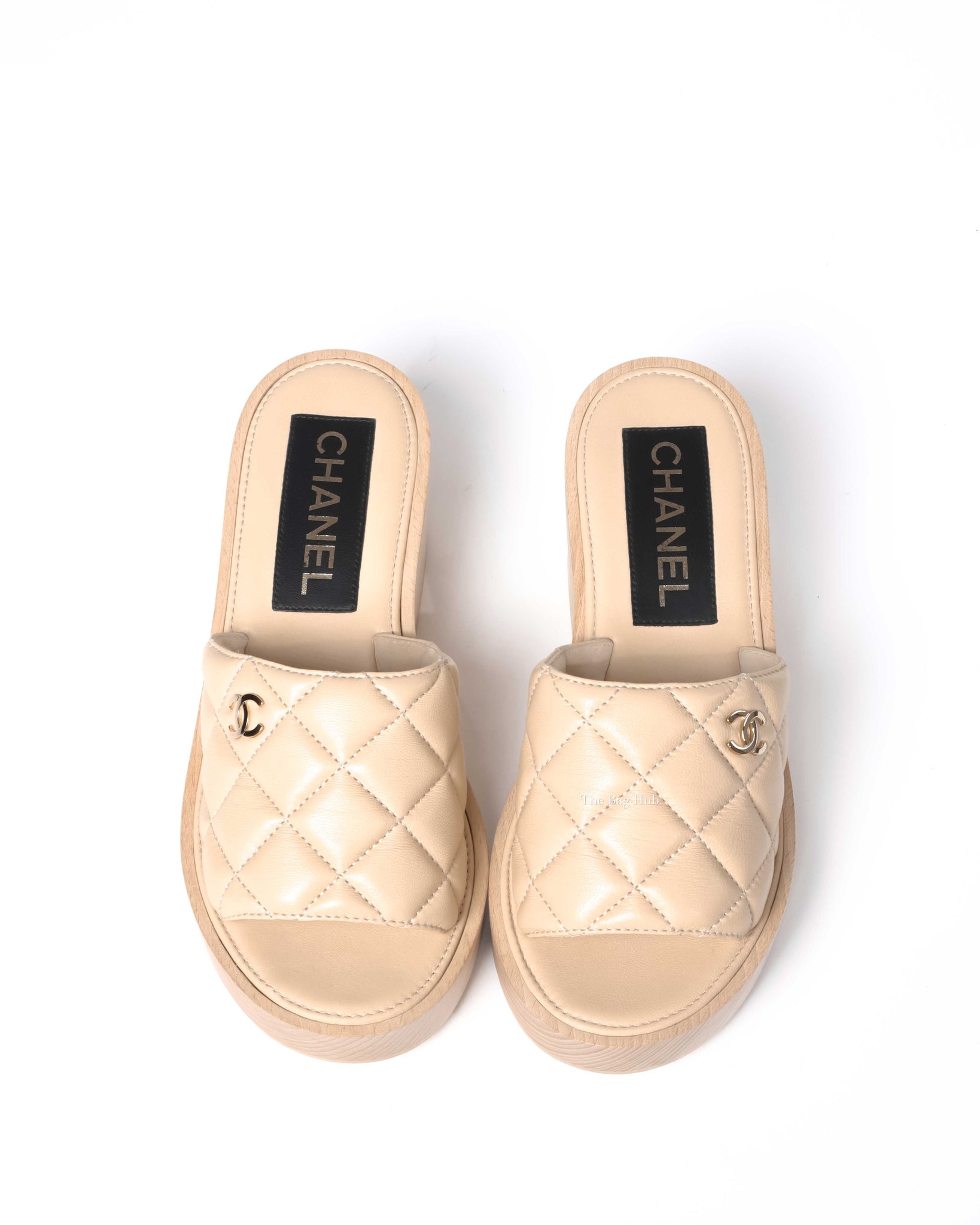 Chanel Beige Quilted Leather CC Wedge Sandals Size 37C, Designer Brand, Authentic Chanel