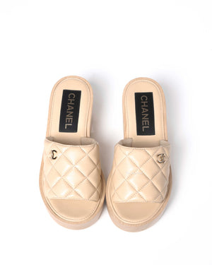Chanel Beige Quilted Leather CC Wedge Sandals Size 37C - 8