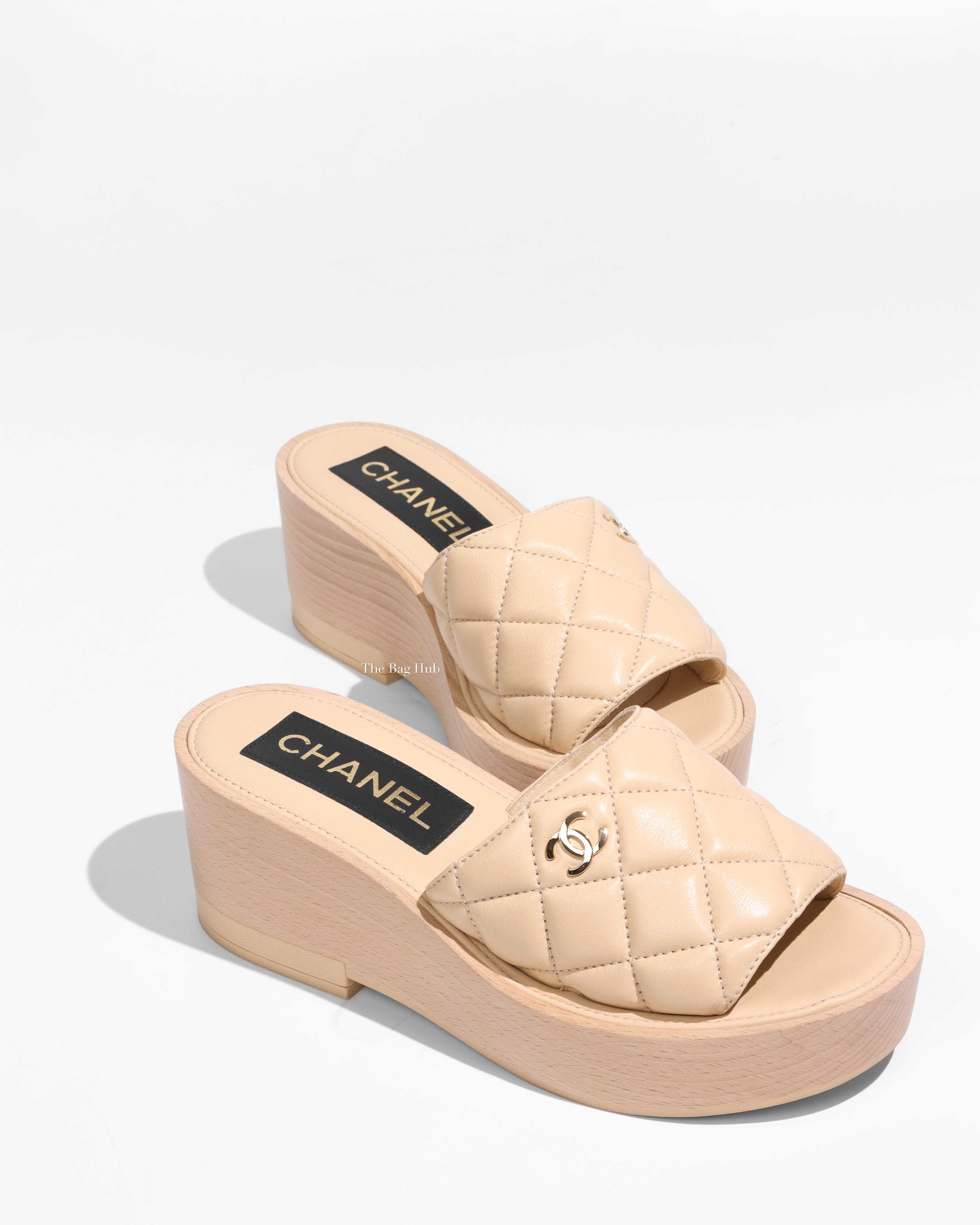 Chanel Beige Quilted Leather CC Wedge Sandals Size 37C