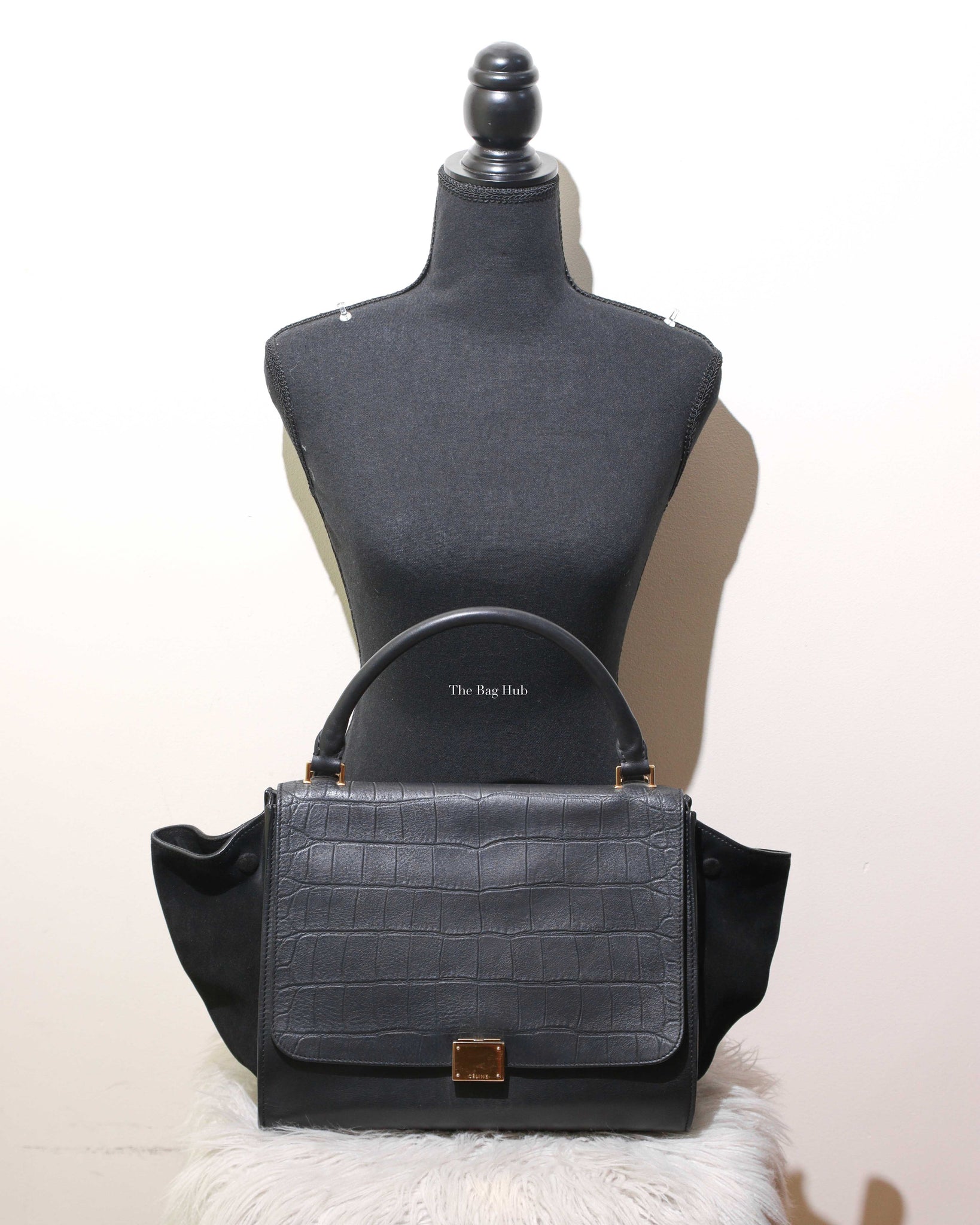 Celine Black Crocodile Embossed Leather Small Trapeze Bag