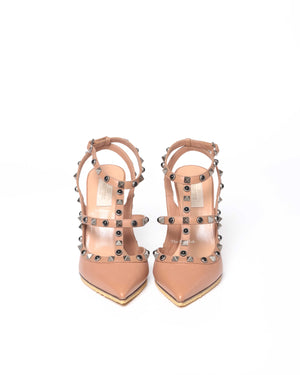 Valentino Garavani Beige Grained Calfskin Rockstud Caged Pumps 100MM Size 39-3