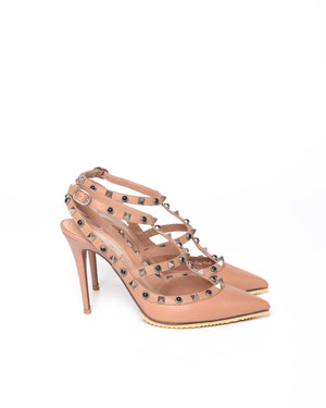 Valentino Garavani Beige Grained Calfskin Rockstud Caged Pumps 100MM Size 39-4