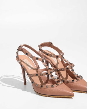 Valentino Garavani Beige Grained Calfskin Rockstud Caged Pumps 100MM Size 39-1