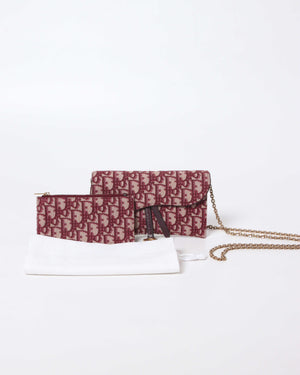 Christian Dior Burgundy Oblique Jacquard Long Saddle Wallet On Chain