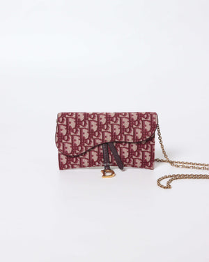 Christian Dior Burgundy Oblique Jacquard Long Saddle Wallet On Chain