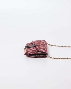 Christian Dior Burgundy Oblique Jacquard Long Saddle Wallet On Chain