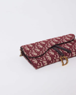 Christian Dior Burgundy Oblique Jacquard Long Saddle Wallet On Chain