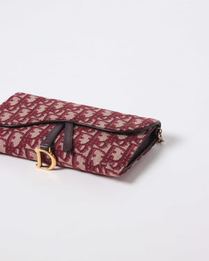 Christian Dior Burgundy Oblique Jacquard Long Saddle Wallet On Chain