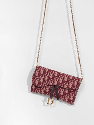 Christian Dior Burgundy Oblique Jacquard Long Saddle Wallet On Chain