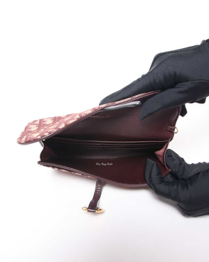 Christian Dior Burgundy Oblique Jacquard Long Saddle Wallet On Chain
