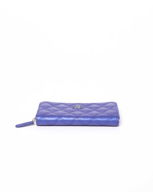 Chanel Metallic Blue/Violet Quilted Lambskin Small Zip Around Wallet, Designer Brand, Authentic Chanel