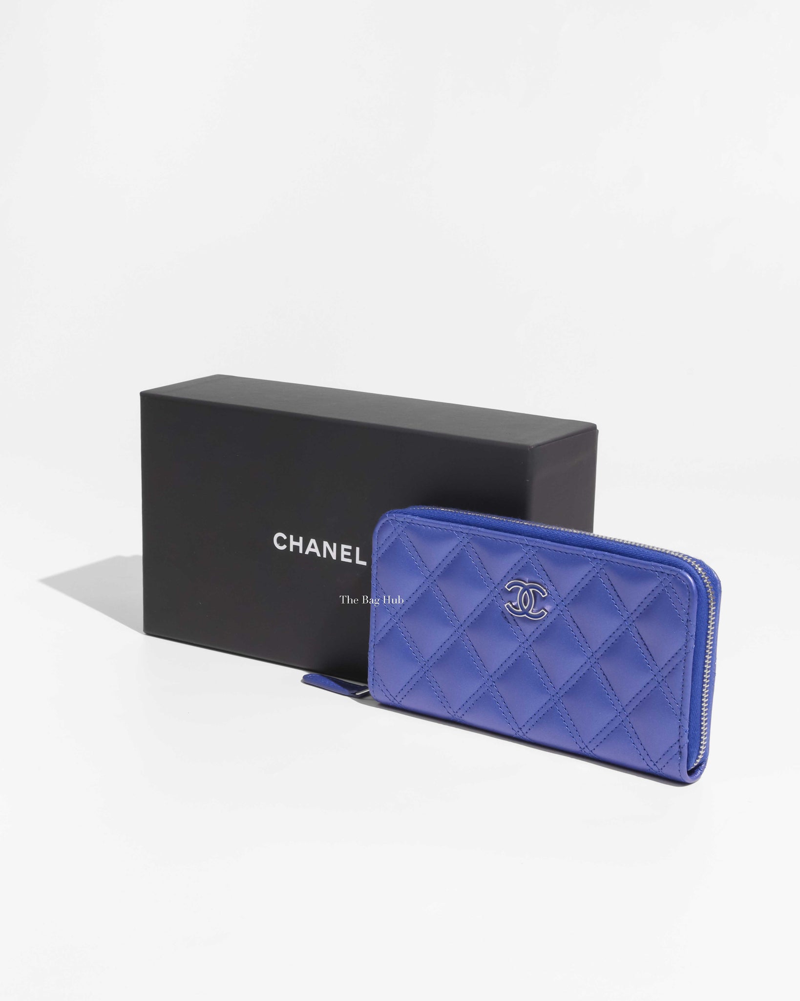Chanel Metallic Blue/Violet Quilted Lambskin Small Zip Around Wallet, Designer Brand, Authentic Chanel