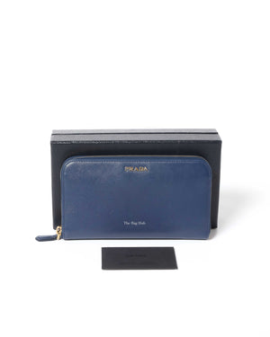 Prada Bluette Saffiano Long Zip Around Wallet 1M0506