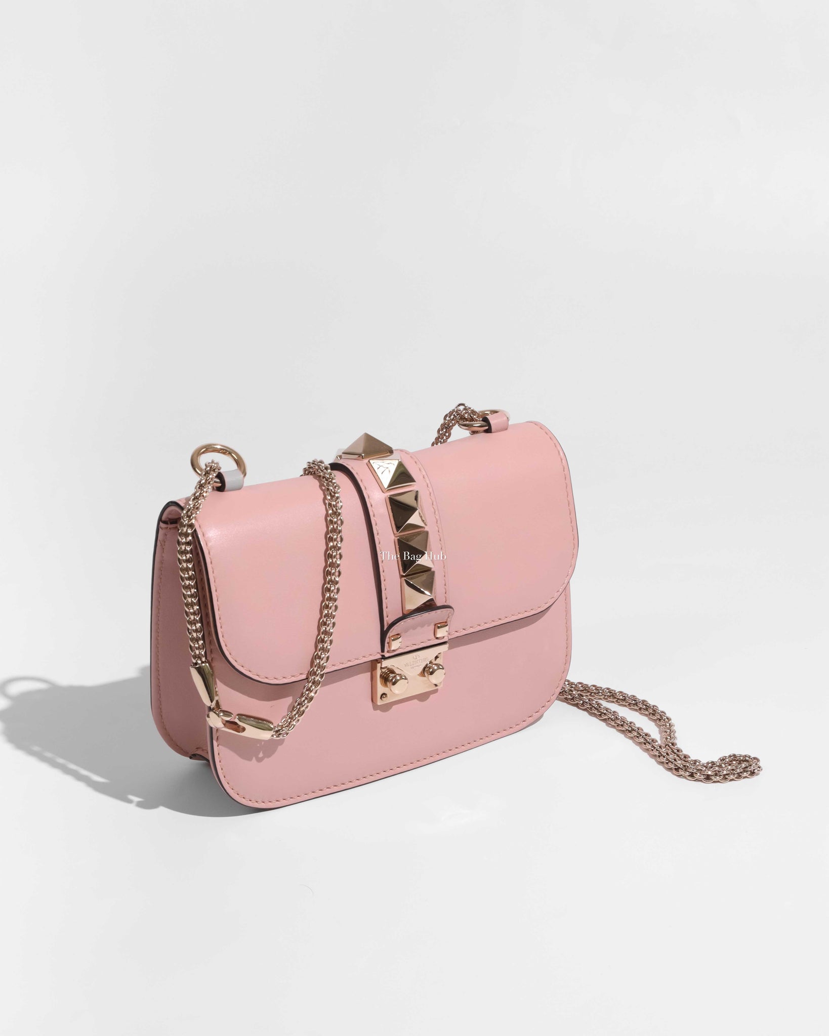 Valentino Garavani Pink Leather Rockstud Glam Lock Small Flap Bag, Designer Brand, Authentic Valentino Garavani