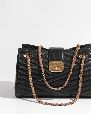 Chanel Black Chevron Gabrielle Medium Tote Bag