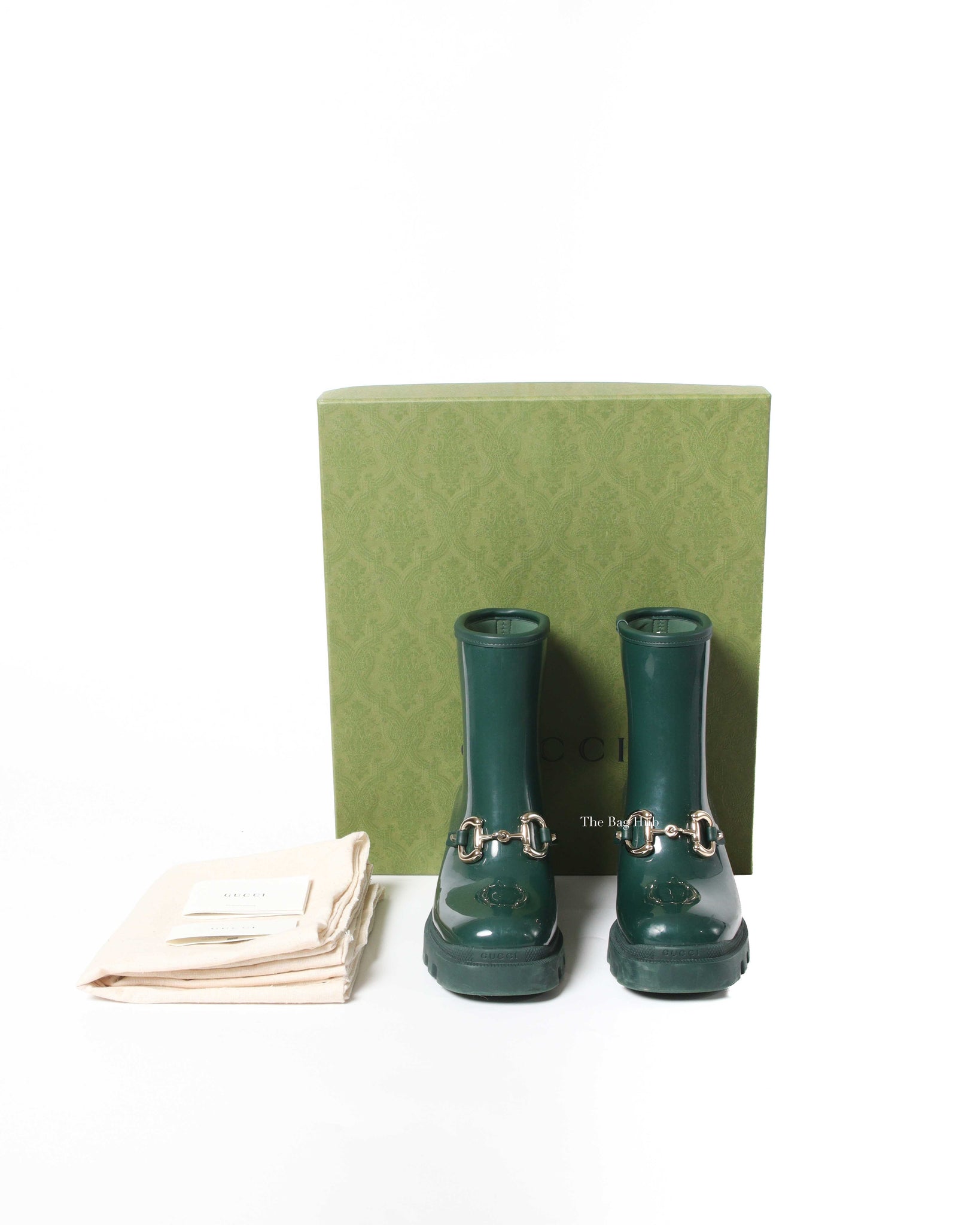 Gucci Green Accent Rubber Horsebit Rain Boots Size 37